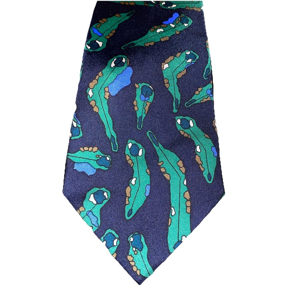 Josh Bach Mens Necktie Blue Green Golf Course Layout Print 100% Silk Classic